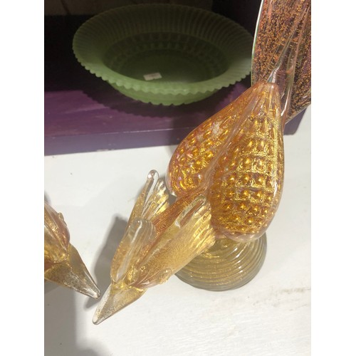 501 - Pair of Murano gold aventurine pink glass pheasants. One with slight damage under the base of the ta... 