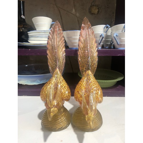 501 - Pair of Murano gold aventurine pink glass pheasants. One with slight damage under the base of the ta... 