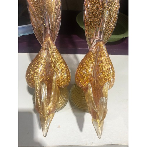 501 - Pair of Murano gold aventurine pink glass pheasants. One with slight damage under the base of the ta... 