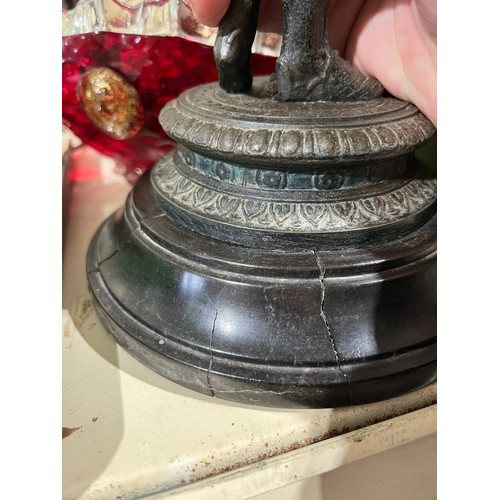 519 - Art Nouveau Spelter lady oil lamp on marble plinth with burner and funnel