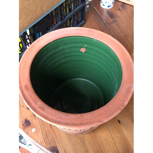 553 - Royal Brannam ceramic bread crock with green glazed lid and interior. Damage as pictured