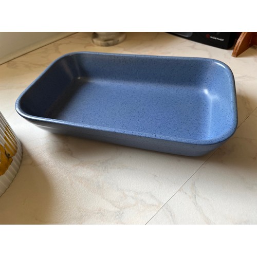 591 - Royal Worcester  Pie dish in Evesham pattern and a blue glazed rectangular dish.