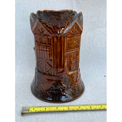 672 - Musical Hunting Scene Large Brown Glazed jug. Working