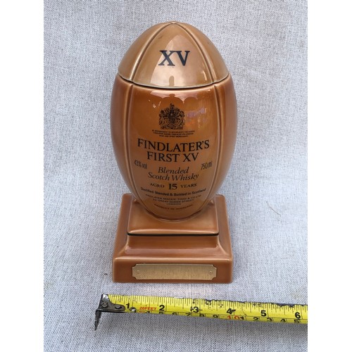 760 - Findlayer’s First XV. Blended scotch whisky Aged 15 years Empty decanter In the shape of a rugby bal... 