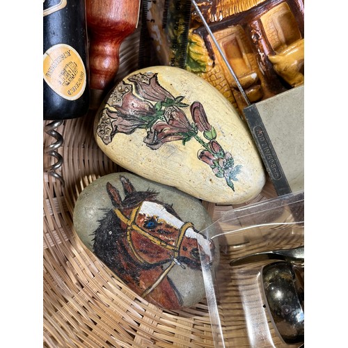 155 - Basket with wall plate cork screws and pretty painted stones etc