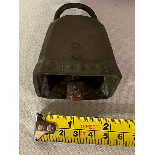 241 - Brass cow or goat bell complete with clanger engraved LOEN