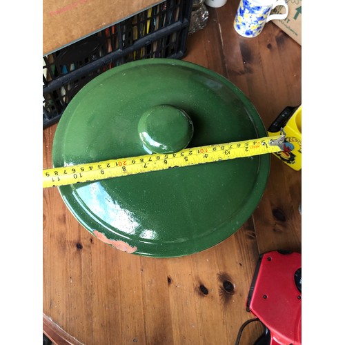 428 - Royal Brannam ceramic bread crock with green glazed lid and interior. Damage as pictured