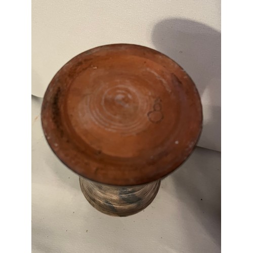 569 - Ceramic hand thrown glazed vase with inscribed mark to base