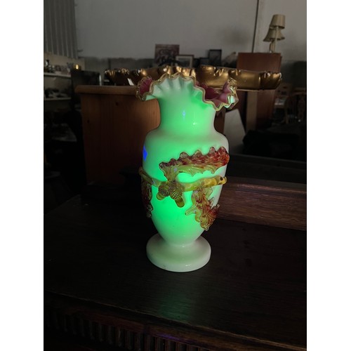 590 - Webb or Stevens and Williams uranium opal glass vase with applied acorn and leaf moulding