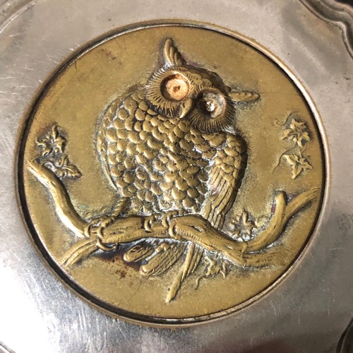 870 - Brass owl plaque on chrome cap. Possibly of an old car.