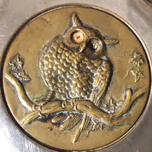 870 - Brass owl plaque on chrome cap. Possibly of an old car.