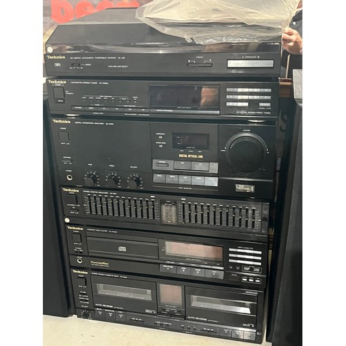 1187 - Technics tower system with deck, CD player, radio, amplifier, graphic equalizer and tape to tape. C/... 