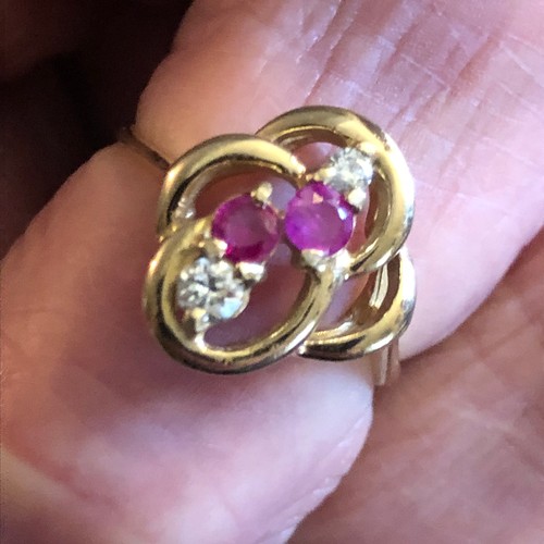 19 - 9 K gold two rubies two diamonds Hallmarked ring