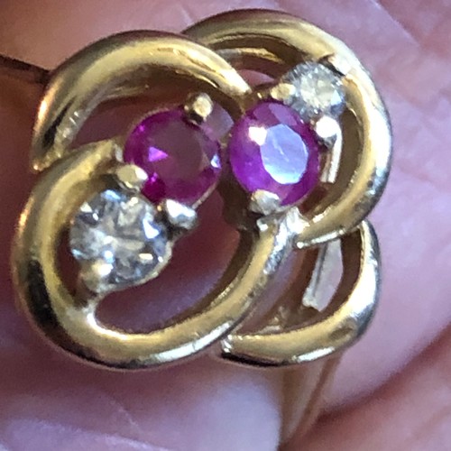 19 - 9 K gold two rubies two diamonds Hallmarked ring