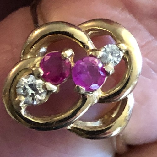 19 - 9 K gold two rubies two diamonds Hallmarked ring