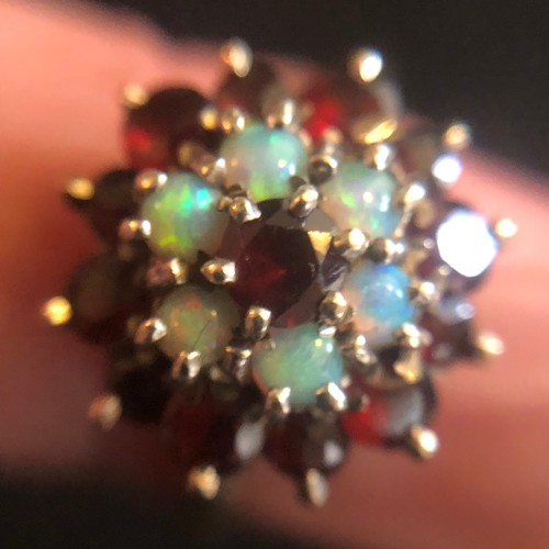 20 - Opal and Garnet cluster with 9 carat gold hallmarked A&Co