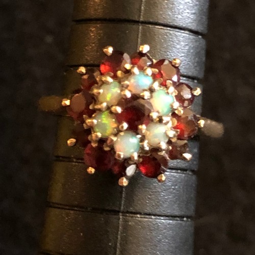 20 - Opal and Garnet cluster with 9 carat gold hallmarked A&Co