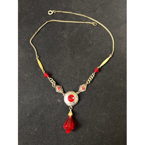 48 - 1920's Edwardian silver plated chain with a bright vermilion red crystal paste briolette suspended f... 