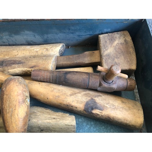 46 - Metal box c/w wooden tools including a keg barrel tap and frapping mallets for led working