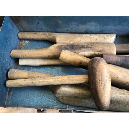 46 - Metal box c/w wooden tools including a keg barrel tap and frapping mallets for led working