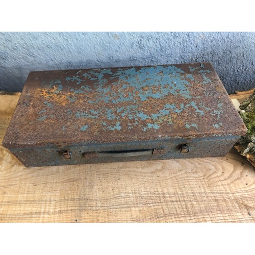 46 - Metal box c/w wooden tools including a keg barrel tap and frapping mallets for led working