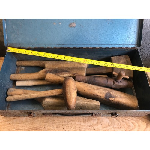 46 - Metal box c/w wooden tools including a keg barrel tap and frapping mallets for led working
