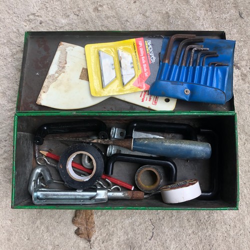 64 - Tin box with tools, etc