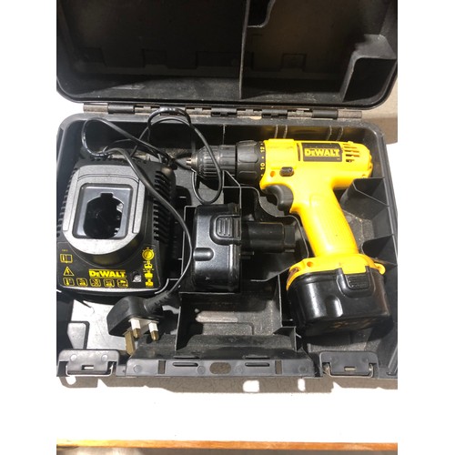 114 - DeWalt DW907 12 volt cordless drill with 2 batteries and charger in plastic case.