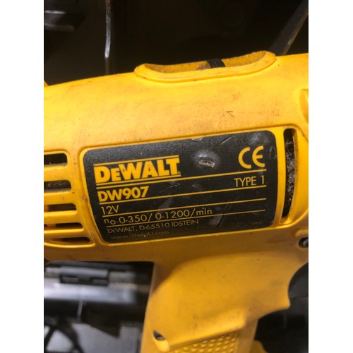 114 - DeWalt DW907 12 volt cordless drill with 2 batteries and charger in plastic case.