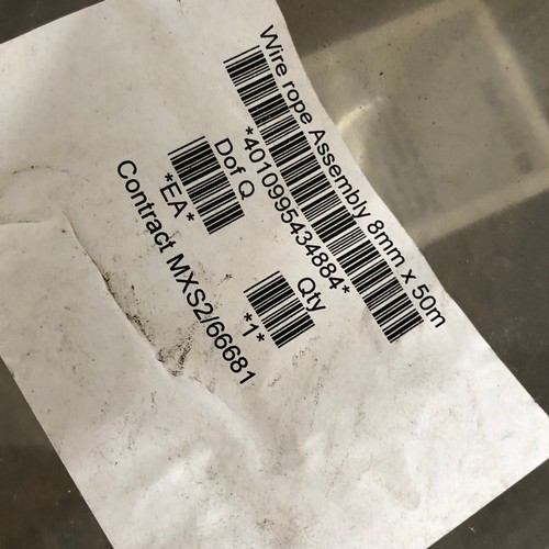 395 - MOD - Wire rope assembly, Single leg GSWR 8mm completes with thimble eye both ends. Length 50m