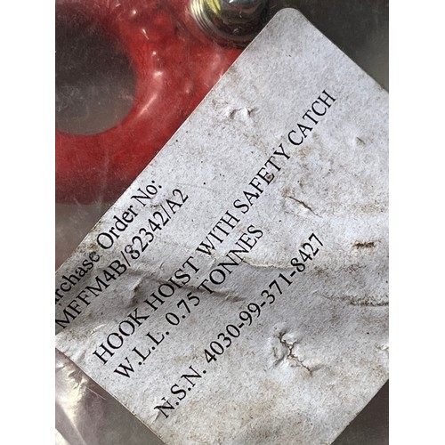 421 - MOD -  10No. Hook hoists with safety catches W.L.L. 0.75 Tonnes.