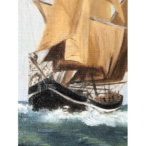 677 - Oil on board of an Arabic boat in full sail by Mrs P P Paterson. Signed