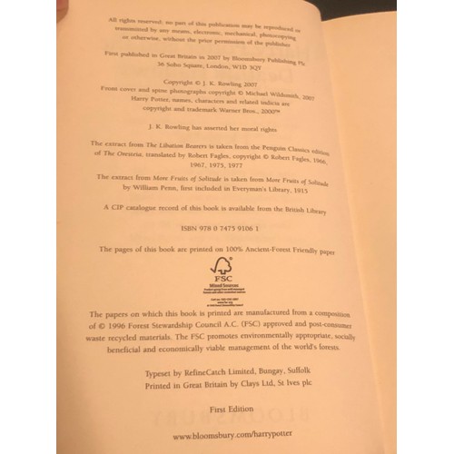 711 - First Adult edition Harry Potter hardback book. Harry Potter and the Deathly Hallows.