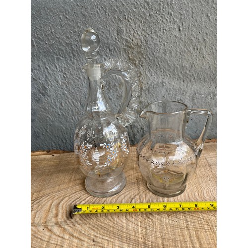 969 - 2 Moser glass items. Decanter and jug with applied enamel paint decoration