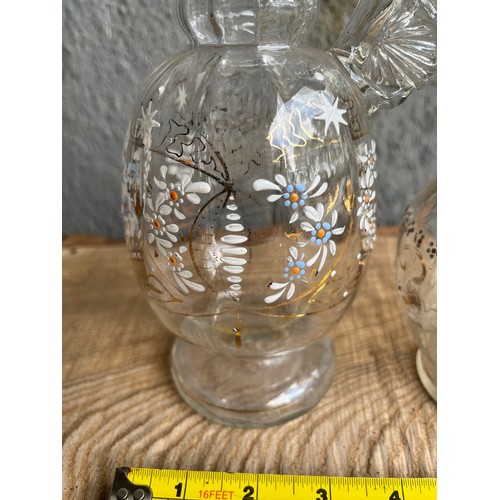 969 - 2 Moser glass items. Decanter and jug with applied enamel paint decoration