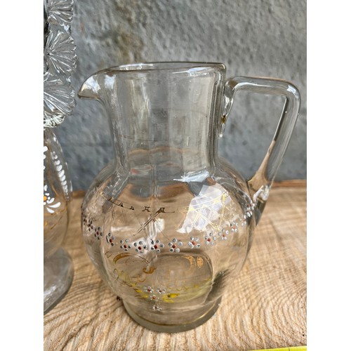 969 - 2 Moser glass items. Decanter and jug with applied enamel paint decoration