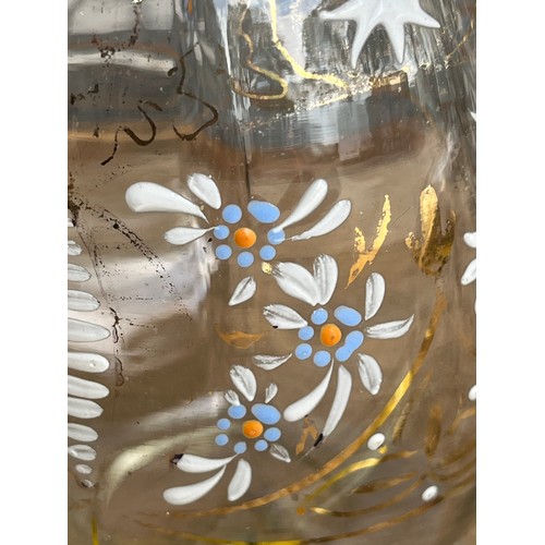 969 - 2 Moser glass items. Decanter and jug with applied enamel paint decoration