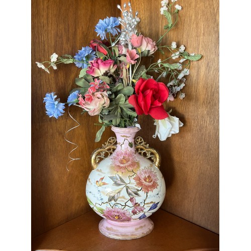 1013 - Antique hand painted ceramic moon vase with gilded handles decorated with buttery and flowers