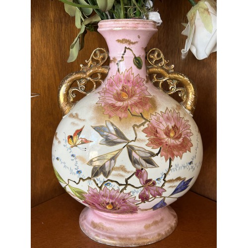 1013 - Antique hand painted ceramic moon vase with gilded handles decorated with buttery and flowers