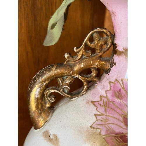 1013 - Antique hand painted ceramic moon vase with gilded handles decorated with buttery and flowers