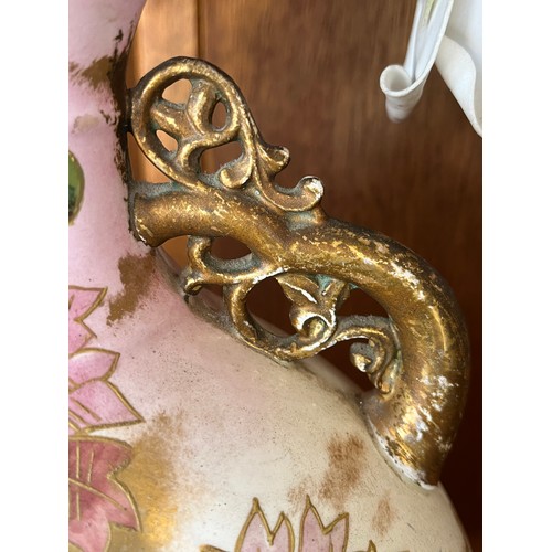 1013 - Antique hand painted ceramic moon vase with gilded handles decorated with buttery and flowers