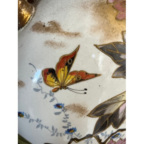 1013 - Antique hand painted ceramic moon vase with gilded handles decorated with buttery and flowers