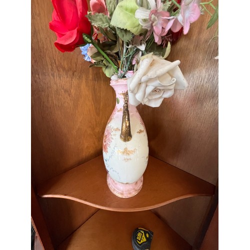 1013 - Antique hand painted ceramic moon vase with gilded handles decorated with buttery and flowers