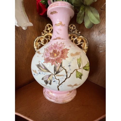 1013 - Antique hand painted ceramic moon vase with gilded handles decorated with buttery and flowers