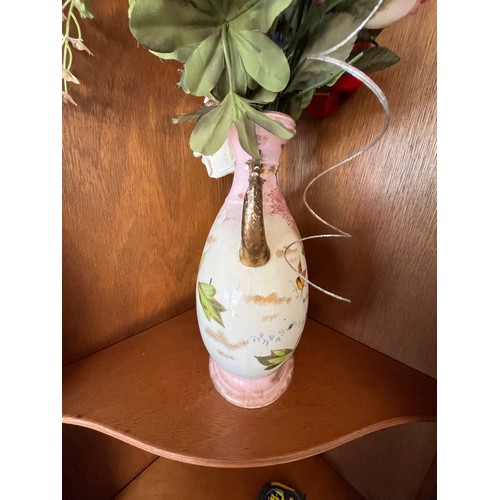 1013 - Antique hand painted ceramic moon vase with gilded handles decorated with buttery and flowers