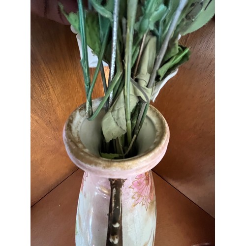 1013 - Antique hand painted ceramic moon vase with gilded handles decorated with buttery and flowers