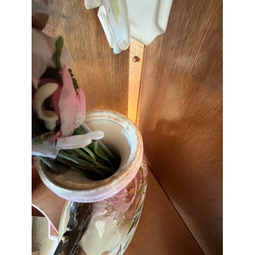 1013 - Antique hand painted ceramic moon vase with gilded handles decorated with buttery and flowers