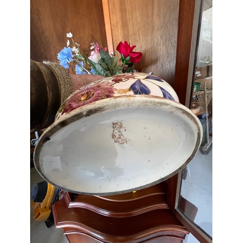1013 - Antique hand painted ceramic moon vase with gilded handles decorated with buttery and flowers
