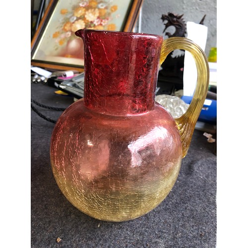 1057 - Boston and Sandwich cranberry and yellow coloured cased crackle jug
