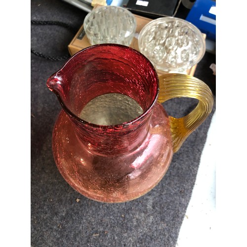 1057 - Boston and Sandwich cranberry and yellow coloured cased crackle jug